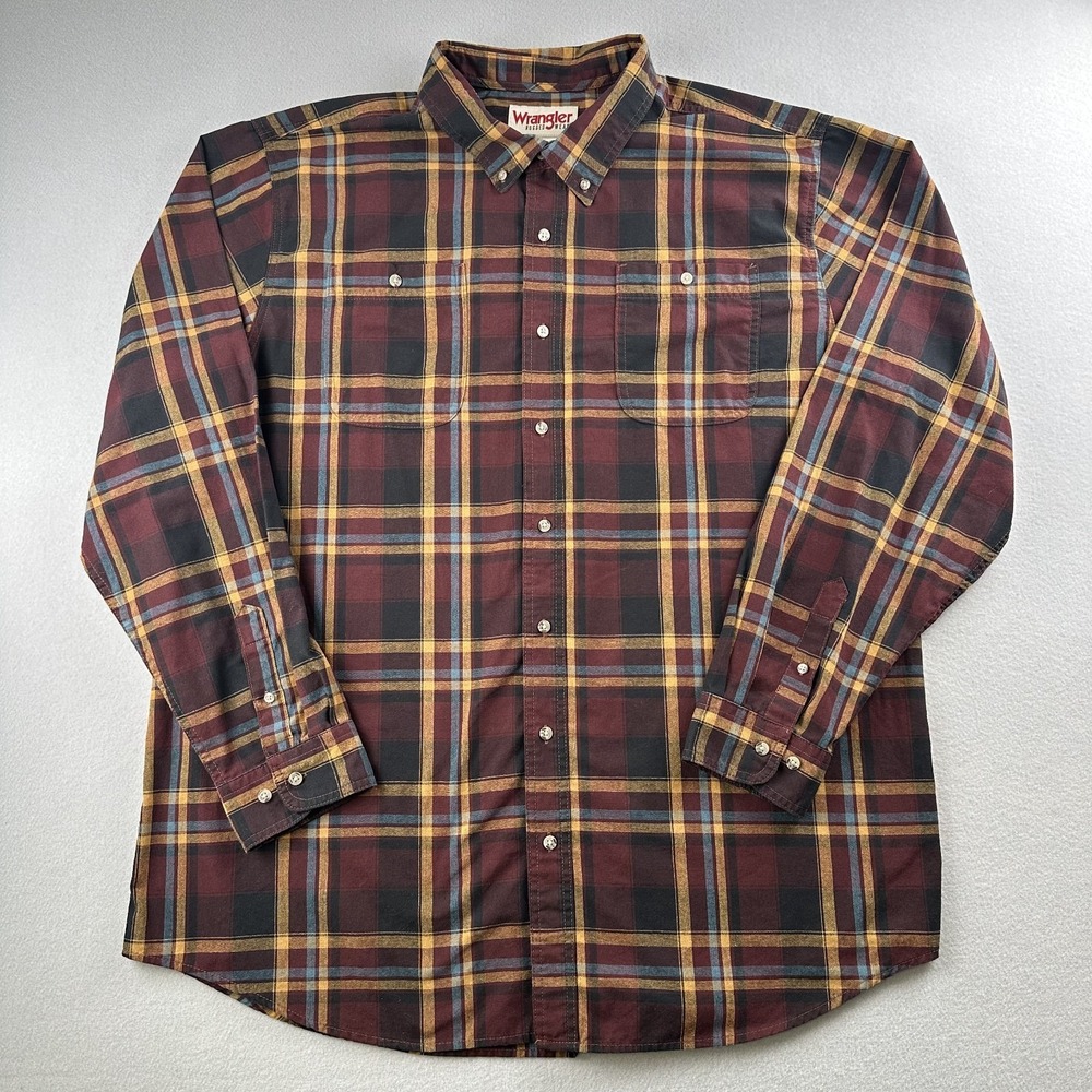 Wrangler Button Down Shirt Mens 3XT Burgundy‎ Plaid Rugged Wear Tall Long Sleeve